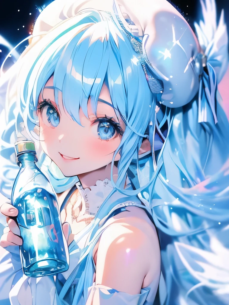 masterpiece、Hatsune Miku、Light blue hair、Long Hair、(((Blue ribbon)))、((White Beret))、white and blue dress、Sparkling eyes、smile、(Holding a plastic bottle)、Sparkly Feathers、Upper Body、(((Composition from above)))