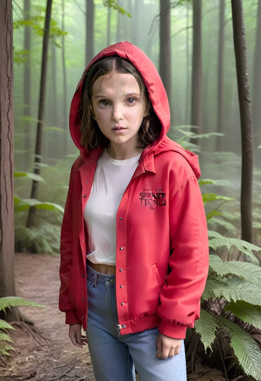 Millie Bobby Brown, mbb, wearing a red jacket and a hood in a dark forrest, horror style, stranger things, netflix, (( millie bobby brown )) , eleven