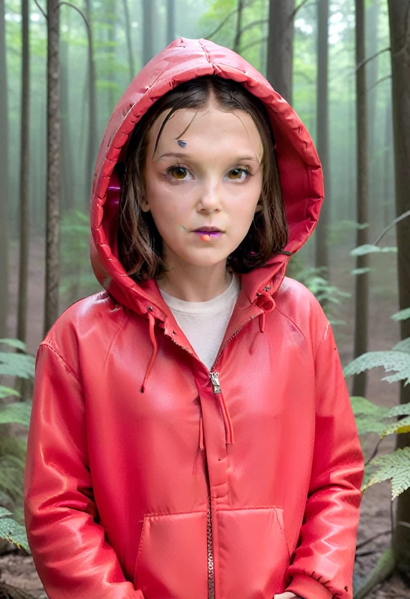 Millie Bobby Brown, mbb, wearing a red jacket and a hood in a dark forrest, horror style, stranger things, netflix, (( millie bobby brown )) , eleven