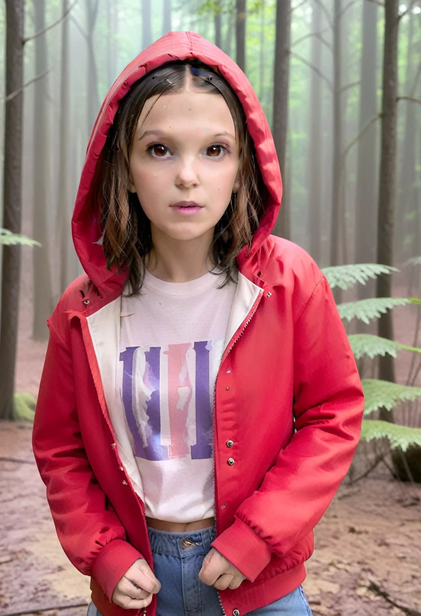 Millie Bobby Brown, mbb, wearing a red jacket and a hood in a dark forrest, horror style, stranger things, netflix, (( millie bobby brown )) , eleven