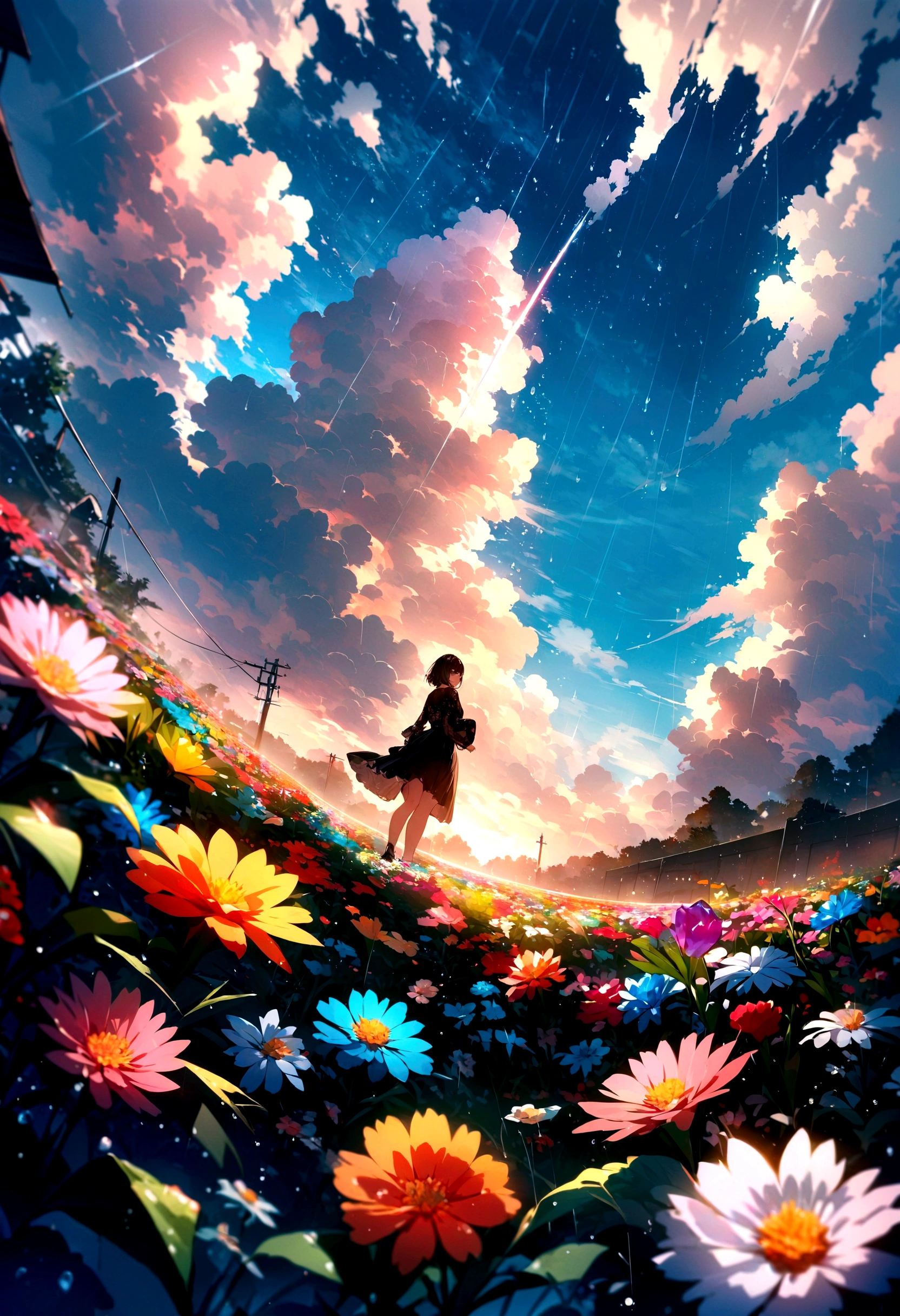 short hair,,Beautiful sky, Beautiful Clouds, rain,Colorful flowers, (Crystal clear rain sparkles in the sky), masterpiece,High resolution,Wide-angle lens