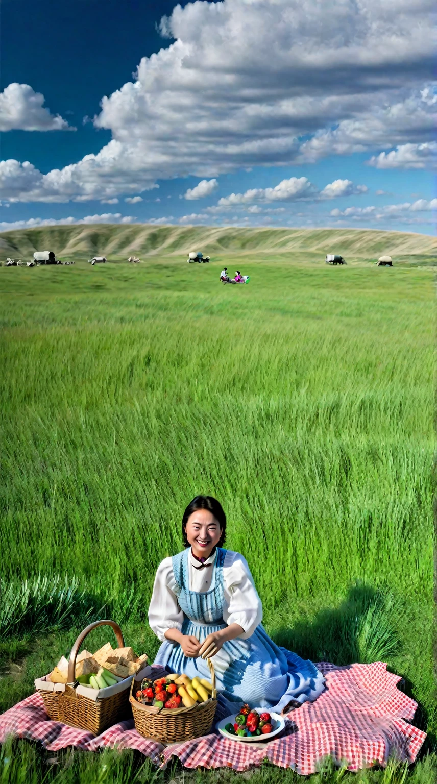 This is a picture of a picnic on the grassland，Abundant food，Behind the figure is the endless Hulunbuir grassland，Blue sky and white clouds，The picture is romantic，8K,Wide Angle，International Award-winning PhotographyThis is a picture of a picnic on the grassland，Abundant food，Behind the figure is the endless Hulunbuir grassland，，Blue sky and white clouds，Have a picnic on the lawn，（The background is Hulunbuir Prairie），The picture is romantic，8K,Wide Angle，International Award-winning Photography
