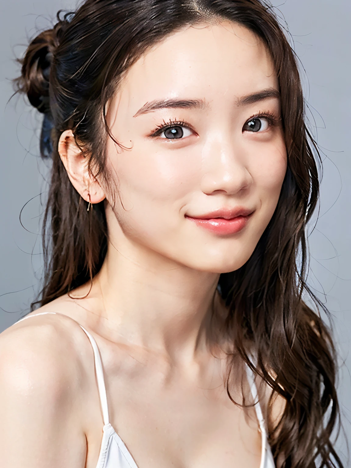 ((8K、sharp、masterpiece、Highest quality、Realistic、Perfect Face、Small face、Very beautiful face、Fair skinで可愛い、Fair skin、Gray Hair:1.1、blue eyes、very cute、19 years old、Moisturized Skin、))、 19 years old、ponytail、Shiny skin, Moisturized Skin、Fair skin、Top Japanese Idol、Cool girl、Cute face、Perfect Face、Japanese 私dols、Top 私dol、19 years old:1.3、((流れるGray Hair:1.4、美しいblue eyes:1.3、double eyelid、Beautiful breasts、Thin legs、Beautiful shaped buttocks、Perfect style girl、Abdominal muscles、Gray Hair、Very well-groomed face、Cute face、、Beautiful breasts、Professional Lighting、Portrait Shot、Smile at the audience、((Swimwear))、((Cleavage))、((No clothes))、