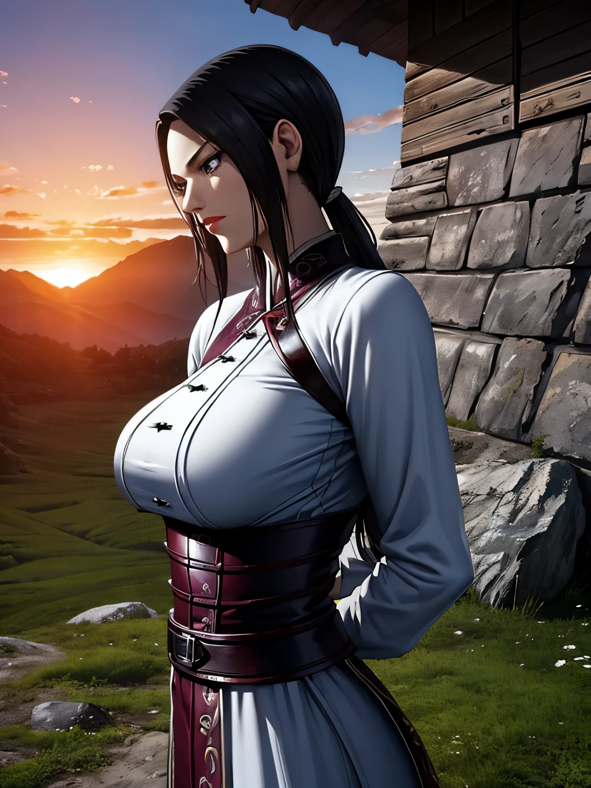 (highest quality:1.2, masterpiece), 8K, Professional Lighting, Cinematic Lighting, (1girl, 1bad man:1.5), Kaine, a character of Kingdom, black hair color, low ponytail, (white clothes, iron gauntlets, iron boots), ancient sandals, ((ultra realistic exterior of abandoned hut, ultra detailed exterior of abandoned hut, in ancient China, mountain view, trees, grasses, rocks)), ((sunset time, dark atmosphere)), ultra slim waist, thin body, perfect slim body style, ultra huge breasts, ultra huge cleavages, ultra huge tits, ultra huge boob, in front of abandoned hut, outdoors, looking at viewer, better eyes, perfect eyes, detailed face, Standing, bending upper body deeply, ((real down blouse & nipslip, visible nipples from leaning forward posture, exposed nipples from leaning forward posture, disclosed nipples from leaning forward posture)), ((deep leaning forward posture)), zoom up angle, nsfw,