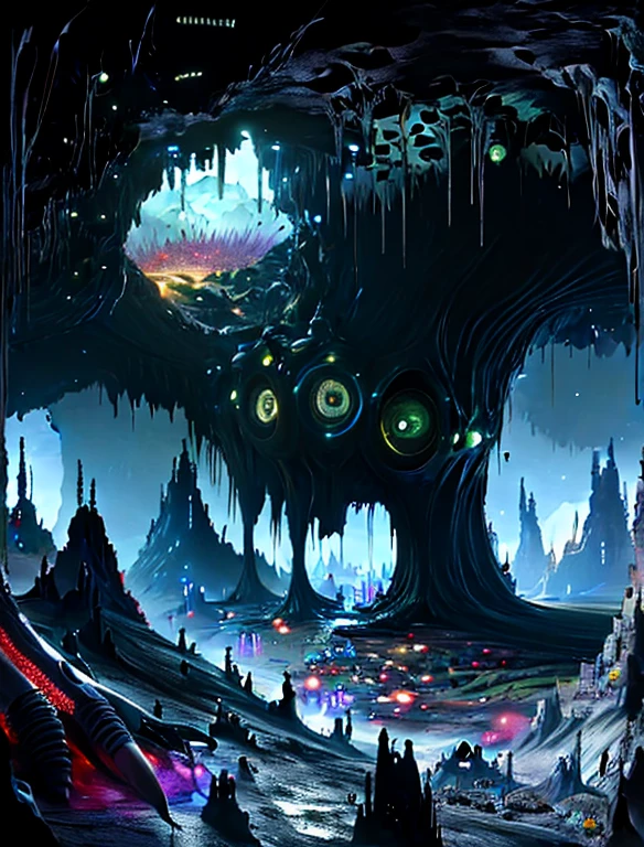 masterpiece, awesome quality, hyper detailed, DonMX3n0 organic, futuristic, scifi,  celestial landscape, caving  