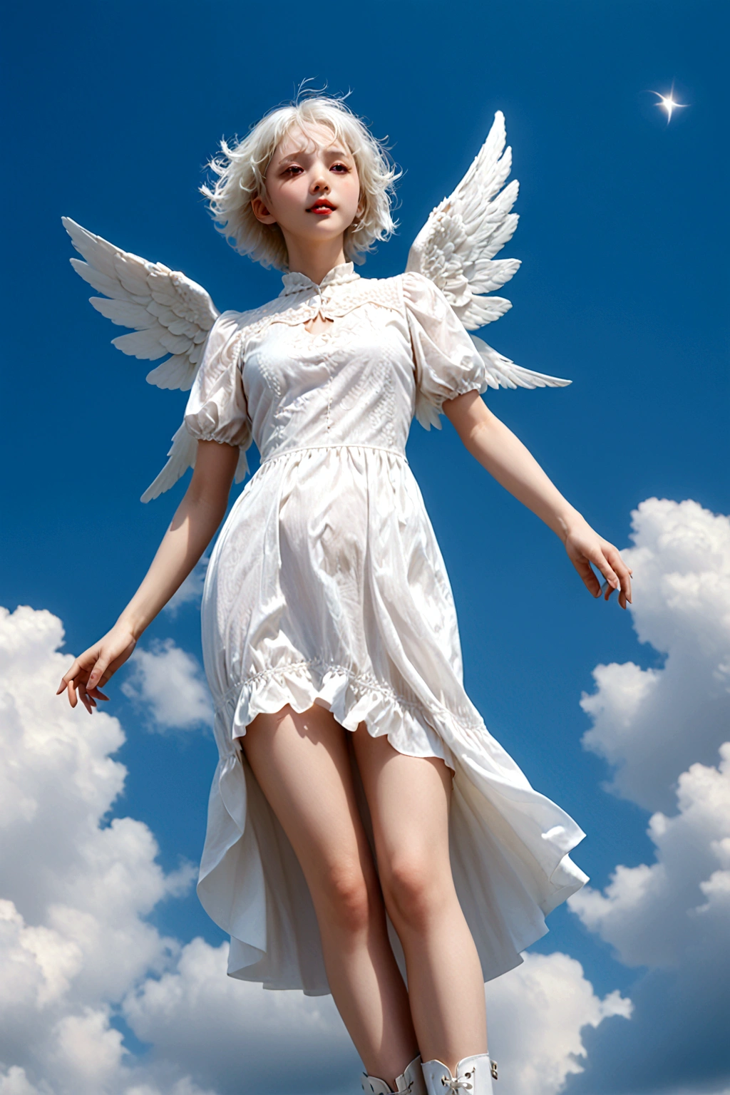 woman floating in the Blue sky, full body, full body, full body, BJD, doll joints, doll joints, doll joints, Shiny white porcelain body, pure white porcelain hard skin, Wings, boots, white short hair, white long dress, European features, The ball-jointed doll is modeled after a 18-year-old woman, Large eyes, thin and haggard face, beautiful detailed face, face without makeup, slender limbs, wide angle lens, A fantastic and aesthetic image, from below, beautiful artwork, High-definition, 4k, 8k, 