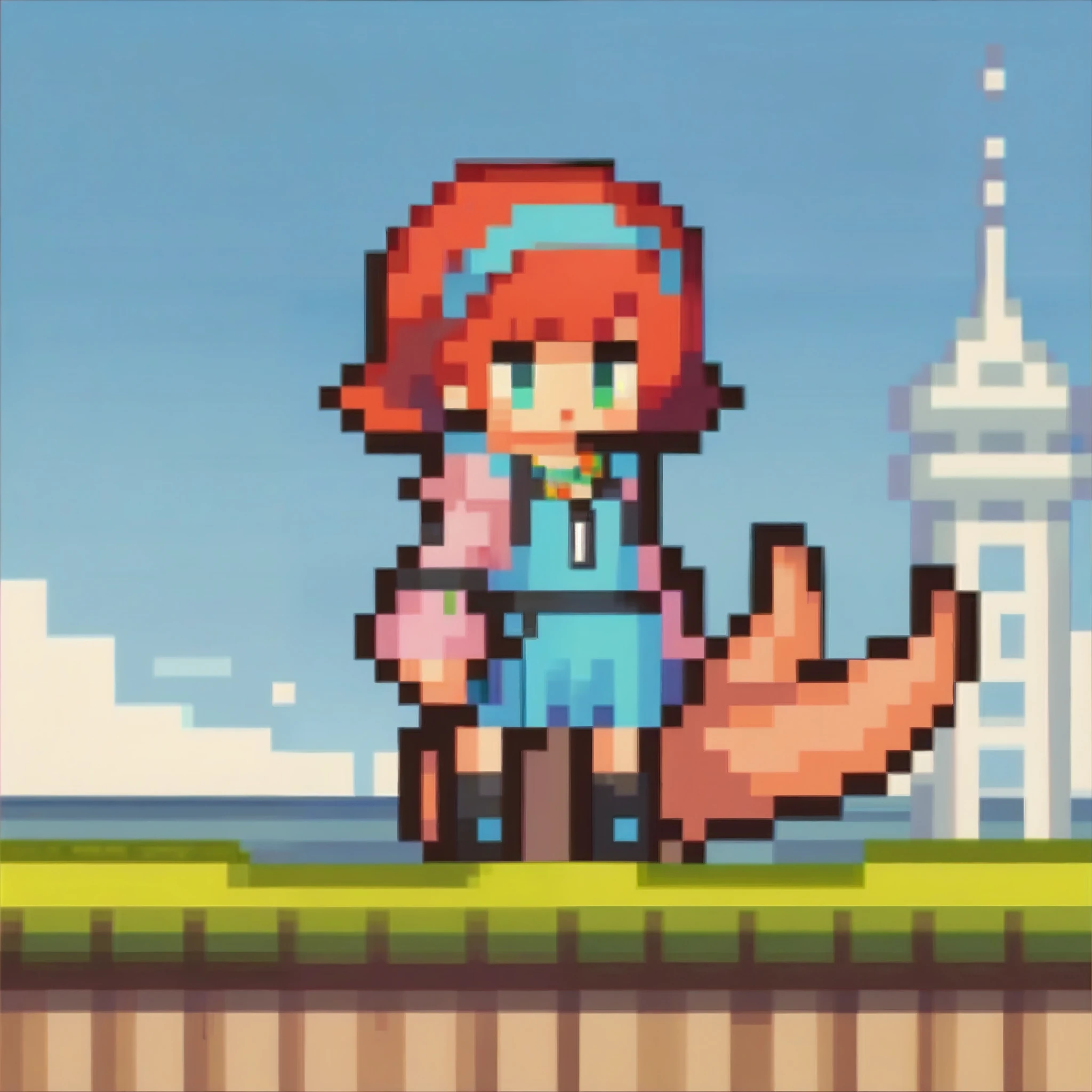 Fraction_9, Fraction_8_Direction_7_up, src_Japanese cartoons, 1 Girl, Red Cliff, Pixel Art, whole body, Digital Nokia, Red hair, Double tail, Headband, necklace, teal dress, cleveage, Pink Jacket, Short skirt, Garter, Black over-the-knee stockings, outdoor, City, Sky