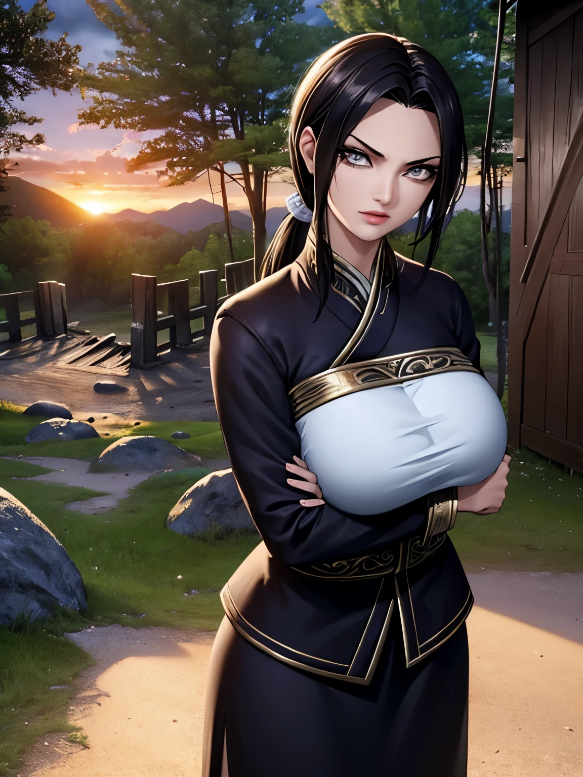 (highest quality:1.2, masterpiece), 8K, Professional Lighting, Cinematic Lighting, (1girl, 1bad man:1.5), Kaine, a character of Kingdom, (black hair color, low ponytail), (white Chinese clothes under white breast plate, armored iron boots), ((ultra realistic exterior of abandoned hut, ultra detailed exterior of abandoned hut, in ancient China, mountain view, trees, grasses, rocks)), (((sunset time, dark atmosphere))), ultra slim waist, thin body, perfect slim body style, ultra huge breasts, ultra huge cleavages, ultra huge tits, ultra huge boob, standing, in front of abandoned hut, outdoors, looking at viewer, better eyes, perfect eyes, detailed face, 