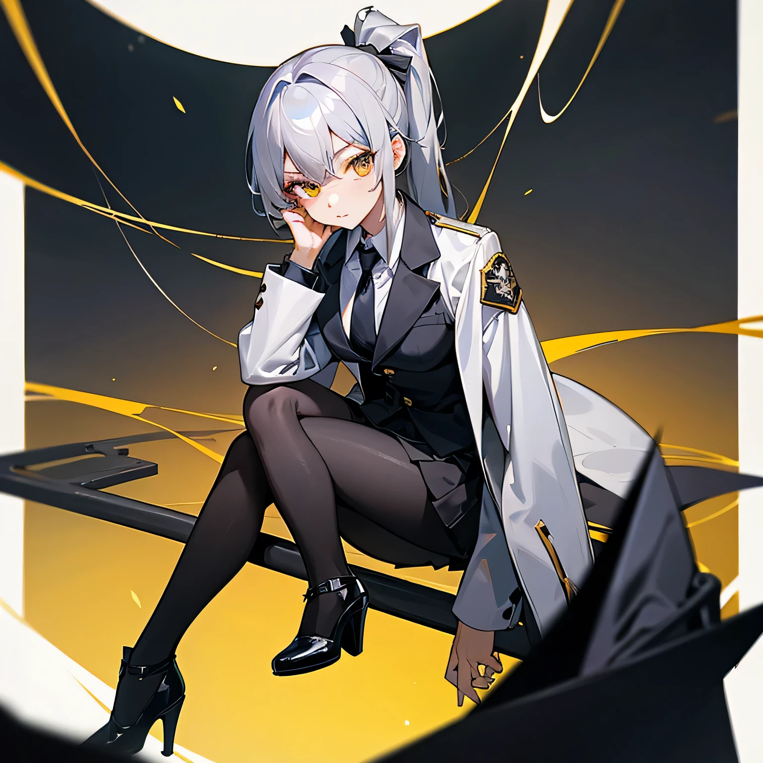 masterpiece, high quality, one girl, wearing a suit, cocky, arrogant, cute and beautiful girl, silvery gray hair, middle length hair tied into a side ponytail, golden eyes, medium breasts, black snow coat with a skull pin over a white shirt and tie, black skirt, black heels, black stockings, gives off the vibe of a high school delinquent, sitting menacingly