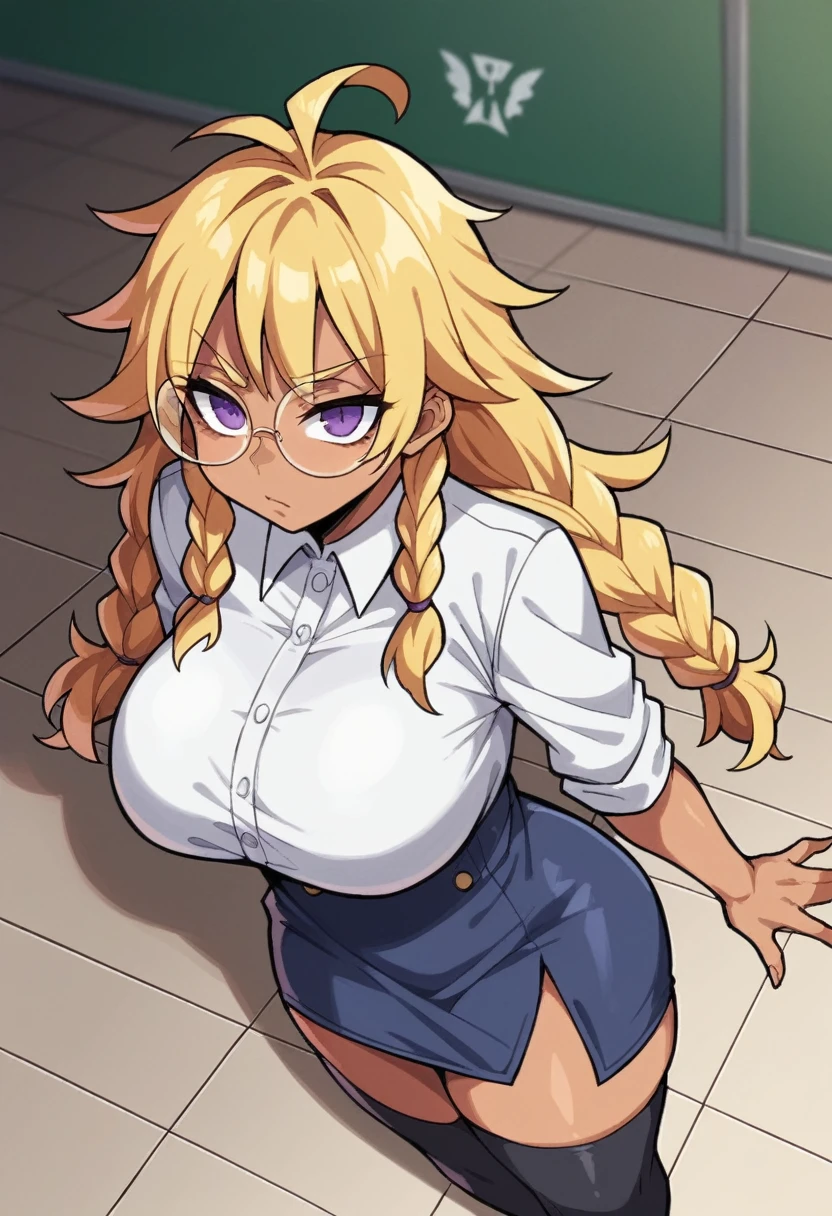 a woman, tanned skin, blonde hair, a hairstyle with two long braids that fall over her shoulders, with straight bangs that cover his forehead, very messy hair, short from above, He wears purple round frame glasses and has a very serious expression on his face.........., purple eyes, yellow hair, big and very serious eyes, small nose, huge breasts, Skinny body, small waist, thick thighs, fitted navy dress shirt, microfalda, Long black stockings, high heel boots, a nerd, alone, tight clothes, standing, posing sexually, close view, plane of the face, in a classroom hallway, At a school, 