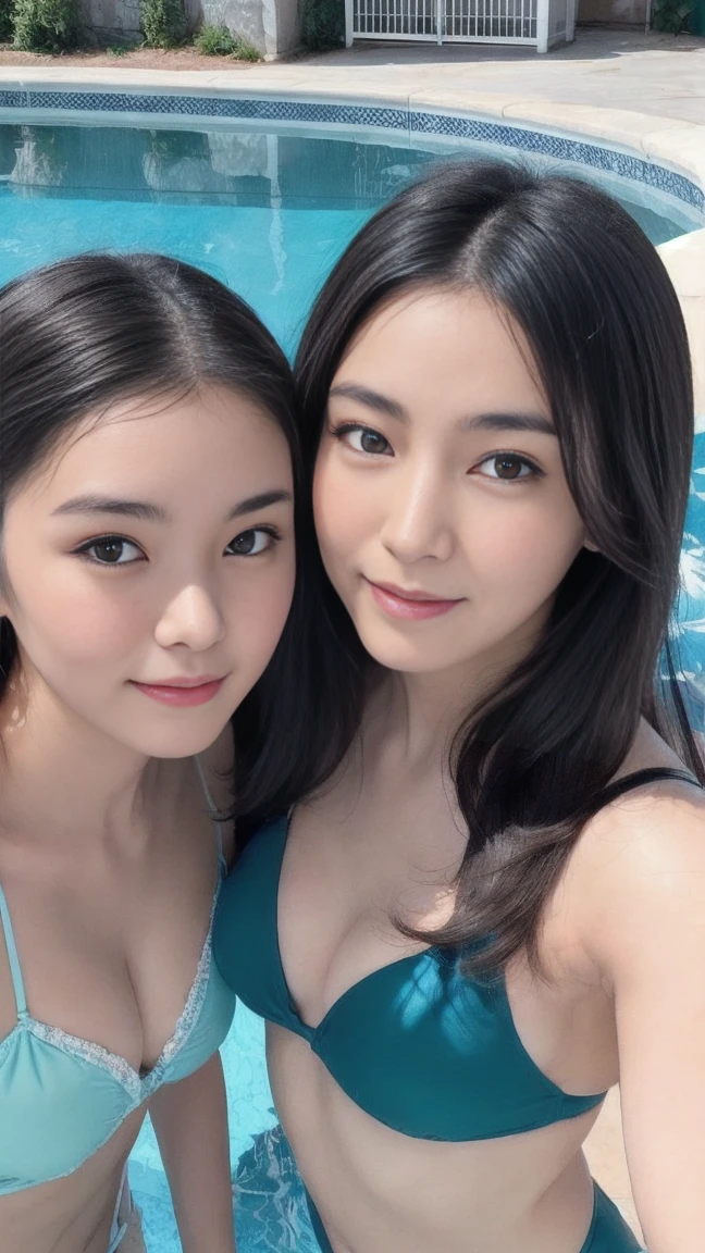 This photo was taken from a slightly lower angle of the three beautiful sisters by the pool, right after their gravure shoot.., Her round eyes are slightly droopy., Eyebrows slope gently downwards towards the eyes, K-POPアイドルのようなナチュラルメイクで彩られた美しい瞳. The woman on the far left has beautiful layered dark hair.., Elegant and attractive, And he&#39;Late 20s&#39;s. The woman in the middle has wavy hair..、Sexy and young々Full of new charms。. The woman on the far right、Beautiful mixed-color hair、Full of cute charm。. (((3 different sensual and sexy poses: 1.3))), ((Too small, Wearing a colorful triangle bikini:1.3), A sparkling necklace adorns a sexy neckline, Trendy strap high heelakes your legs look fresh and attractive., And she smiles with a confused look.