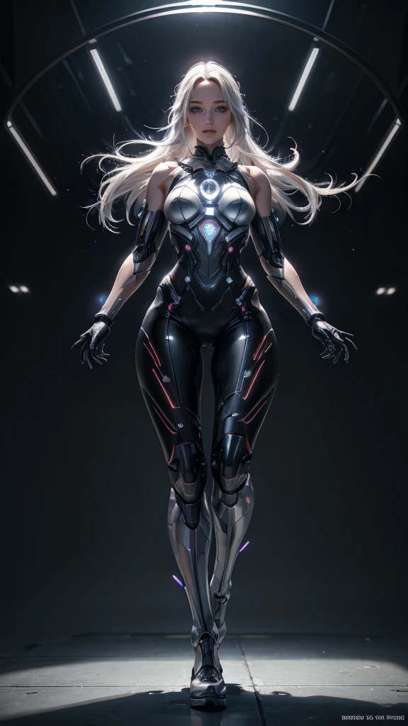 1girl, ultra realistic, ultra crisp, NVIDIA RTX, unreal engine, perfect slim body, realistic face, perfect face, realistic body, epic skin details, white hair, hair blown with strong winds, hyper rendering, ultra details, glowing eyes, purple eyes, blush, parted lips, cybernetic ear, cybernetic metalic hands, cybernetic metalic legs, luminous cybernetic futuristic metalic mechanical body, ultra realistic lights reflection details, ((full body shown)), from below, posing in the middle.