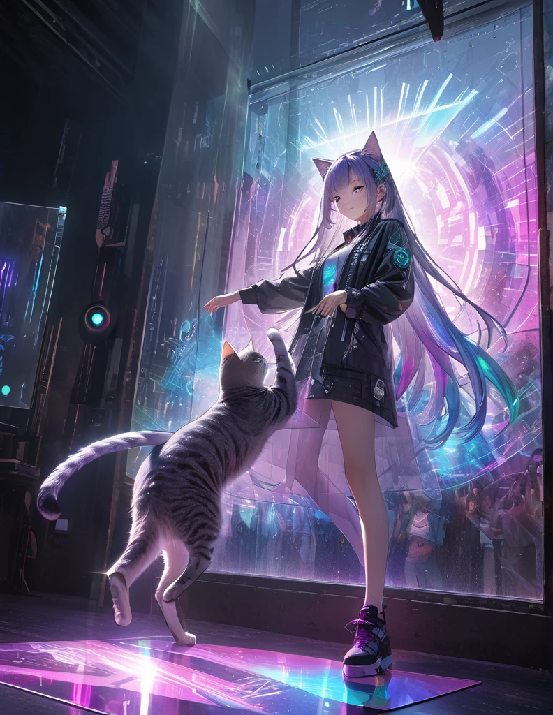 Full color, (transparency:2.0), 
BREAK Ultra-realism, Detailed and realistic skin texture, Detailed and intricate texture, Detailed and intricate brushwork, Detailed and clear depiction, Transparent depiction, aesthetic, 
Girl with cat, DJ girl in a club, cyber punk, White and purple gradient braided long hair, Neon holographic transparent cat dancing like a human, BREAK Neon Art Background, Cinematic lighting effects, Transparent light, Mysterious Light, Fantastic Fog, Cryptical, 
BREAK ((Phantasmal iridescent, holographic)), (Detailed and transparent depiction, transparency:1.6), 