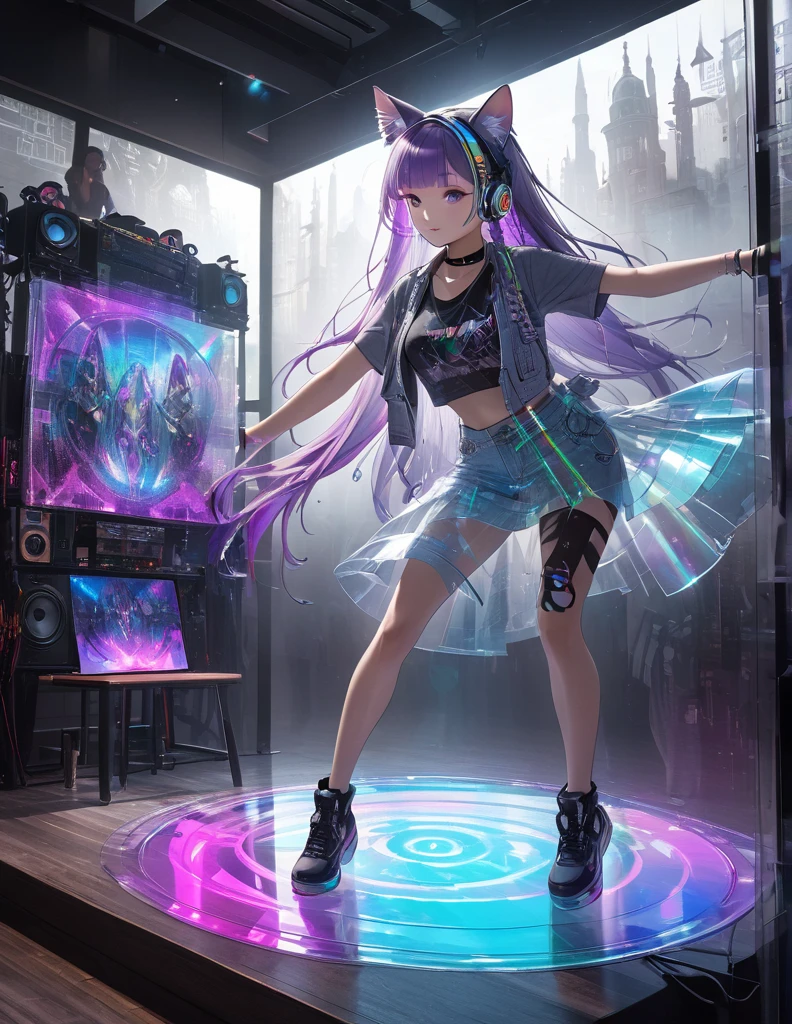 Full color, (transparency:2.0), 
BREAK Ultra-realism, Detailed and realistic skin texture, Detailed and intricate texture, Detailed and intricate brushwork, Detailed and clear depiction, Transparent depiction, aesthetic, 
Girl with cat, DJ girl in a club, cyber punk, White and purple gradient braided long hair, Neon holographic transparent cat dancing like a human, BREAK Neon Art Background, Cinematic lighting effects, Transparent light, Mysterious Light, Fantastic Fog, Cryptical, 
BREAK ((Phantasmal iridescent, holographic)), (Detailed and transparent depiction, transparency:1.6), 