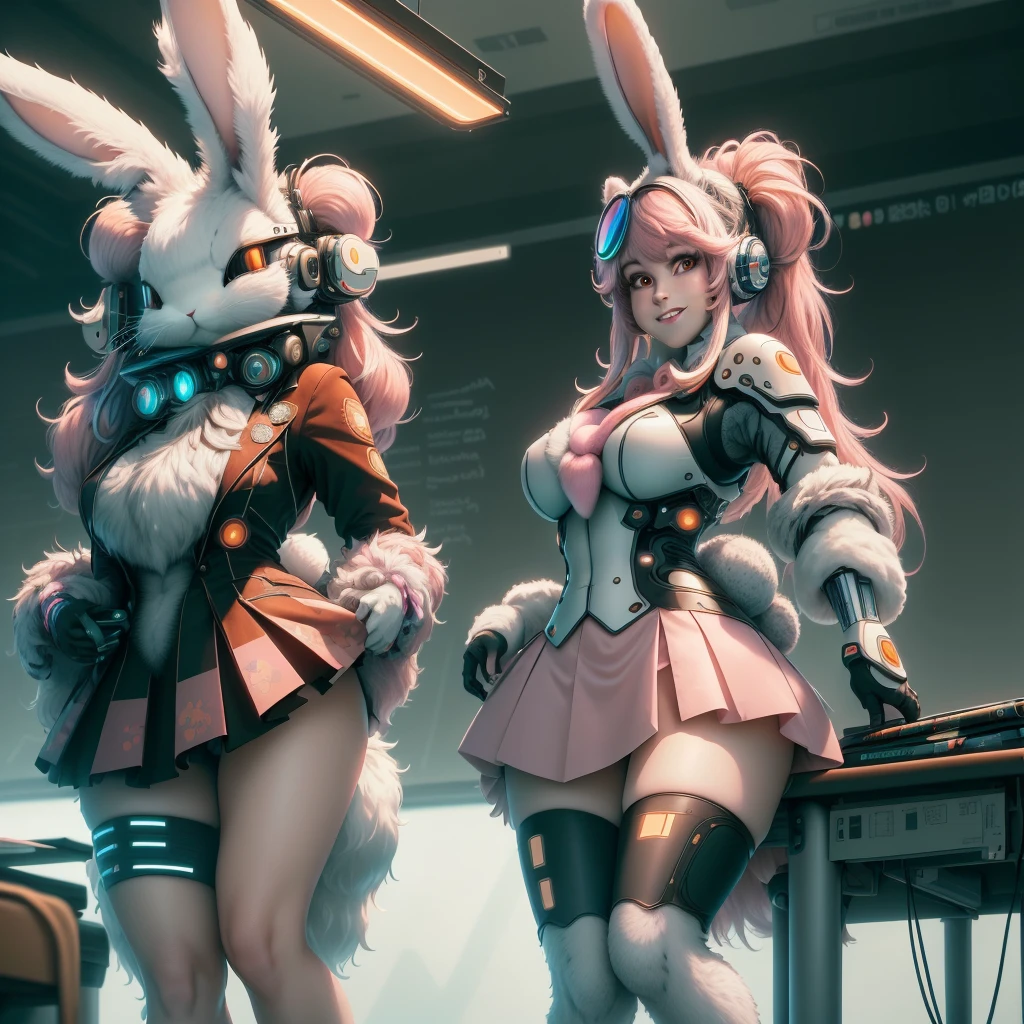 Best quality, masterpiece, extreme detail, 8K, official art, bunnytech, fluffy, futuristic sci-fi, (scholar), (projector), (whiteboard class), (teaching laser pointer), scroll, (a middle-aged tutor Wearing rabbit head mask), (full body shot), long hair, pink hair, glowing eyes, smile, skirt suit, three-piece suit, tie, tight skirt