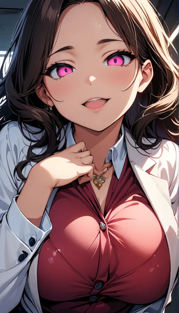 (Highest quality:1.2,Wicked Woman,CG, Very detailed, Attention to detail, digital coloring, High Contrast, masterpiece:1.2,suit, Highest quality, Best aesthetics), 8k,masterpiece, cute,expensive,beautiful,Highest quality, 1 Female,Brown Hair,Long Hair,Wavy Hair,Hollow Eyes, (finely detailed glowing eyes and Detailed face),,,,extremely detailed CG unity 8k wallpaper,alone,(latex military costume:0.9),Large Breasts,Captivating smile,,latex Thigh length,Large Breasts,Black Hair,Pink Eyes,No jacket,Formal Shirt,Thigh length,,enamel suit,Glossy lips,Sitting,Tight Skirt,sadistic smile,,all,Glowing Skin,Tight Skirt,Detailed face,beautiful body,,Adult,,Show me your breasts,sadistic,Captivating smile,business suit,latex,No tie,Bust Shot,((Blowjob Gestures:1.5)),Open your mouth,necklace,Office Room,From below