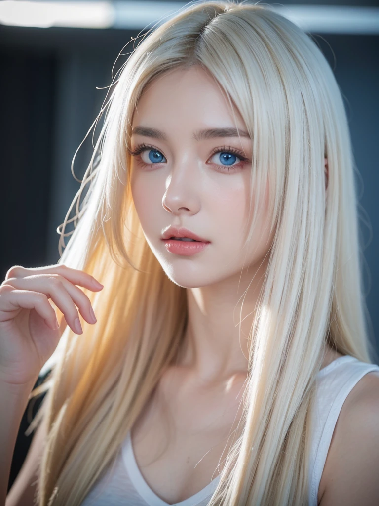 a beautiful detailed 1girl, extremely detailed eyes and face, long silky white hair, beautiful blue eyes, looking at viewer, realistic, photorealistic, photo-realistic, HDR, 8k, high quality, masterpiece, professional, ultra-detailed, vivid colors, studio lighting, physically-based rendering,Room background, t-shirts,  