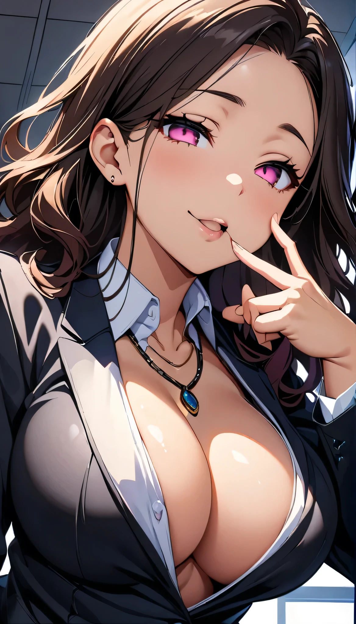 (highest quality:1.2,evil lady,cg, Very detailed, High Detail, digital coloring, High Contrast, masterpiece:1.2,suits, highest quality, Best aesthetics), 8k,masterpiece, cute,tall,beautiful,best quality, 1lady,brown hair,long hair,wavy hair,empty eyes, (finely detailed glowing eyes and detailed face),,,,extremely detailed cg unity 8k wallpaper,solo,(latex military costume:0.9),large breasts,seductive smile,,latex thighhigh,large breasts,black hair,pink eyes,no jacket,formal shirts,thighhigh,,enamel suits,grossy lips,sitting,tight skirt,sadistic smile,,heel,shiny skin,tight  skirt,detailed face,beautiful body,,adult,,show me breasts,sadistic,seductive smile,business suits,latex,no tie,bust shot,((Blowjob Gestures:1.5)),open mouth,necklace