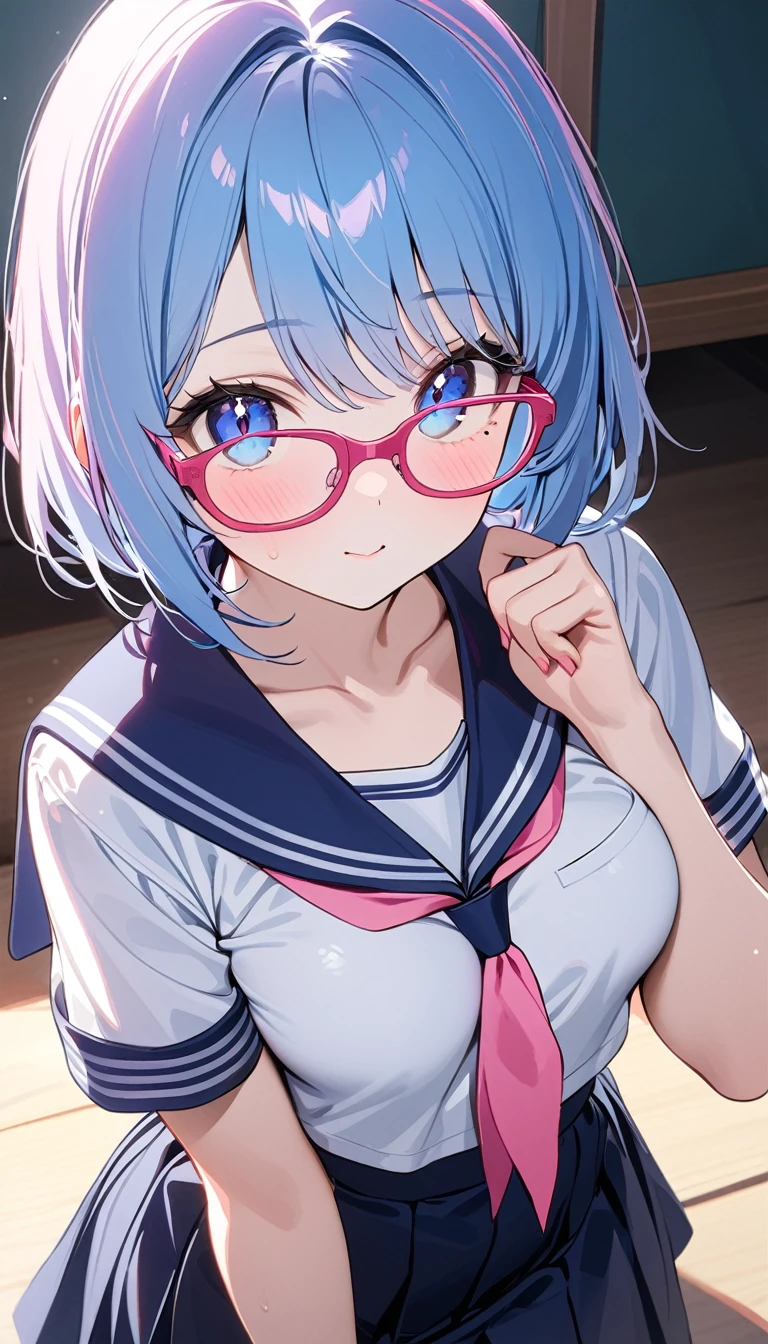 (1 girl),(Best Picture Quality, 8K, Masterpiece:1.3), (high school student:1.5), (pink lob hair:1.1), [skyblue hair:0.1], (bob cut),(swept bangs), (cute eyes, pupil black, iris skyblue, youthful face), (mole under right eye), (standard weight), (medium breasts), (glistening skin:1.1),(pale skin:1.2), ((serafuku, white sailor short sleeve simple shirt, darkblue skirt, darkblue sailor collar, pink ribbon)), (under-rim pink glasses, wayfarer glasses)