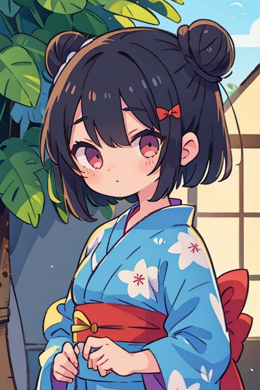 yukata。girl。Bun Head。Black Hair。front