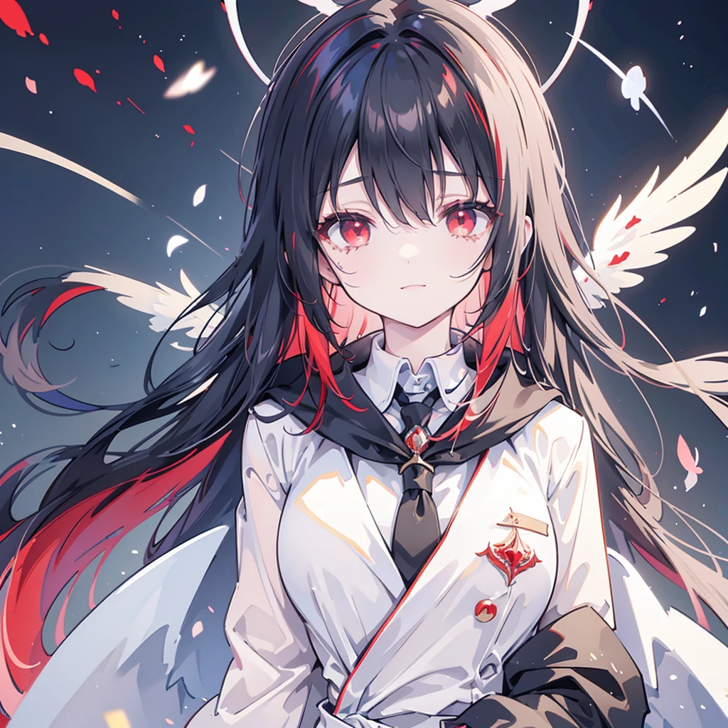 (((Fantasy　Black Hair　Dye the inside of your hair red　Long Hair　Dull red eyes　Cat ear　Beastman　Pad)))　((I have a crystal　uniform　Put on a coat without putting your arms through it　Wings many times larger than mine　Center close-up))　((Smile　gloves))　(Light　star)　Catch the wind　Shining Background　Lightの粒子, rainbow colored edges