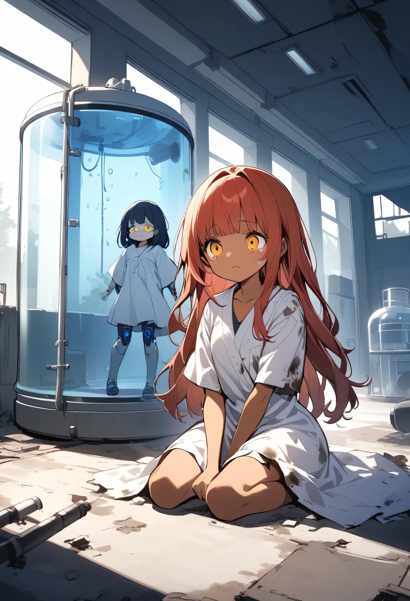 full body,1 girl,Android girl, robot girl, crying (cute:1.3)long hair down to the floor,red Hair, left eye blue, right eye yellow, tan skin, freckles, {tattered hospital gown, dirty, old },, laboratory, stasis tank, abandoned