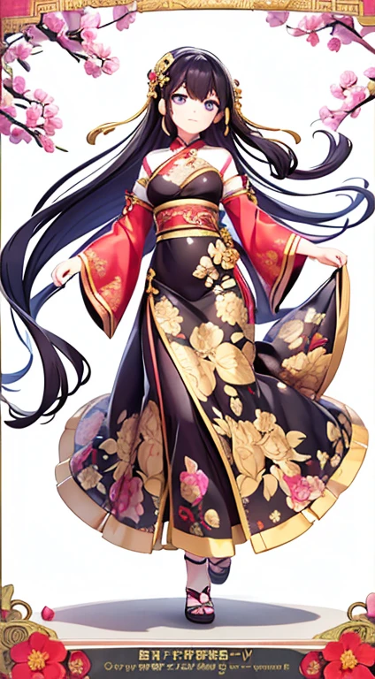 In the garden full of flowers, Under the sunlight, Girls in floral dresses dancing 1 Girl, woman, good looking, ink, Chinese Armor, ((2.5D)), Black Hair, Floating Hair, delicateな目, Antique black and red damask patterned Hanfu, Fob, (F1.8), (masterpiece), (Portrait Shot), Front shot, White Background, (Movie Posters),high quality、超delicate、Beautiful eyes, big eyes、delicate、Best dress waiting to start,Super Beauty、Baby