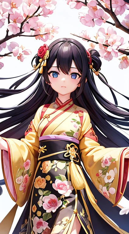 In the garden full of flowers, Under the sunlight, Girls in floral dresses dancing 1 Girl, woman, good looking, ink, Chinese Armor, ((2.5D)), Black Hair, Floating Hair, delicateな目, Antique black and red damask patterned Hanfu, Fob, (F1.8), (masterpiece), (Portrait Shot), Front shot, White Background, (Movie Posters),high quality、超delicate、Beautiful eyes, big eyes、delicate、Best dress waiting to start,Super Beauty、Baby