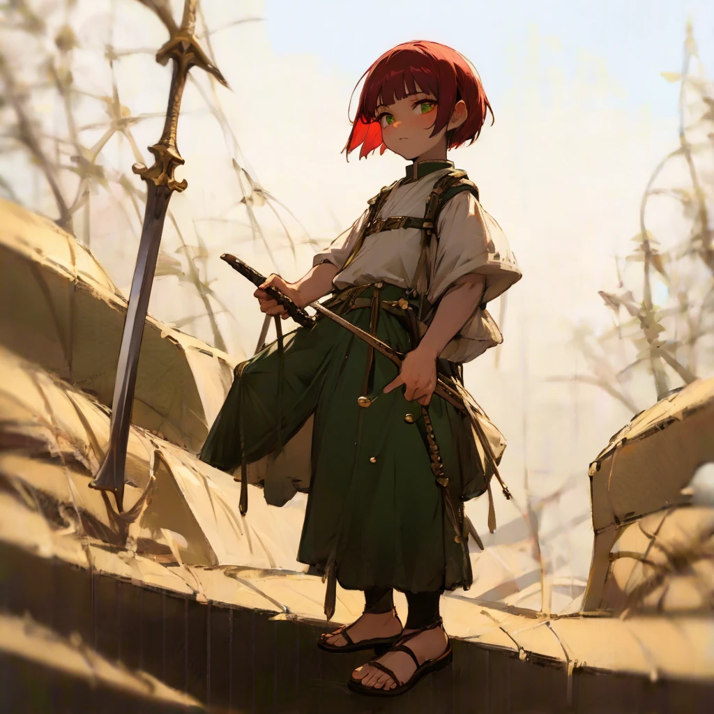 1little boy, Full body version, 1character, gold eyes, deep skin, bowl cut hairstyle, monolid eyes type, maroon colour hair, Renaissance clothing, lime color clothing, Ancient Roman sandals, two dagger knife silver in two hand, armor vest, Grassroots background in green fields