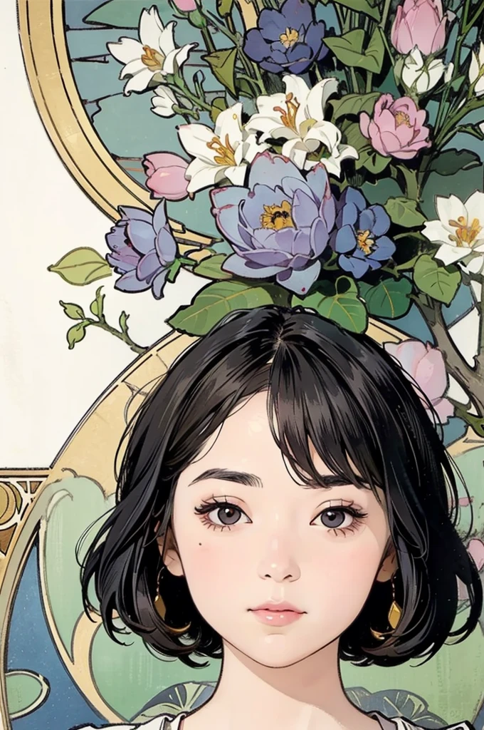 Detailed Background,Mucha style、Art Nouveau、Tarot Cards、Botanical Art,Flower Art,(Floral:1.2), (masterpiece, Highest quality),Vibrant colors,colorful, Highest quality, Amazing details, Anatomically correct, Line art, Written boundary depth,Flat Shading,Bokeh, girl, 24-years-old,, Face close-up、She has black hair。she has a wide forehead。She has no bangs。(Short Bob）。Brow wrinkles。nsfw