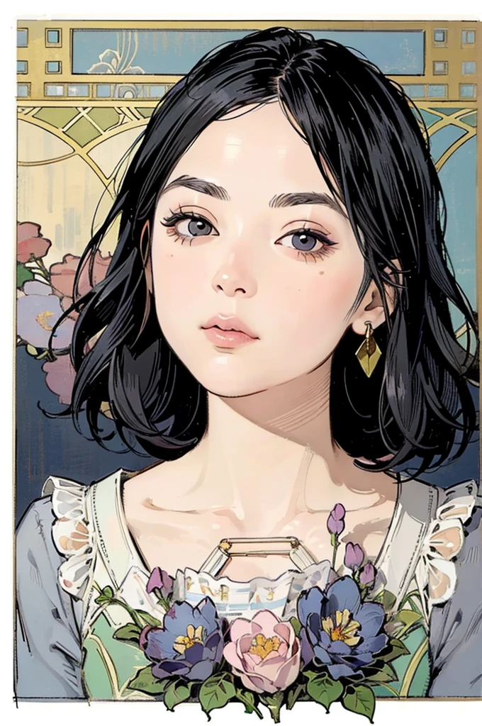 Detailed Background,Mucha style、Art Nouveau、Tarot Cards、Botanical Art,Flower Art,(Floral:1.2), (masterpiece, Highest quality),Vibrant colors,colorful, Highest quality, Amazing details, Anatomically correct, Line art, Written boundary depth,Flat Shading,Bokeh, girl, 24-years-old,, Face close-up、She has black hair。she has a wide forehead。She has no bangs。(Short Bob）。Brow wrinkles。nsfw