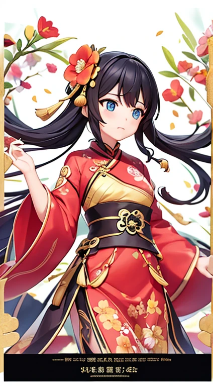 In the garden full of flowers, Under the sunlight, Girls in floral dresses dancing 1 Girl, woman, good looking, ink, Chinese Armor, ((2.5D)), Black Hair, Floating Hair, delicateな目, Antique black and red damask patterned Hanfu, Fob, (F1.8), (masterpiece), (Portrait Shot), Front shot, White Background, (Movie Posters),high quality、超delicate、Beautiful eyes, big eyes、delicate、Best dress waiting to start,Super Beauty、Baby
