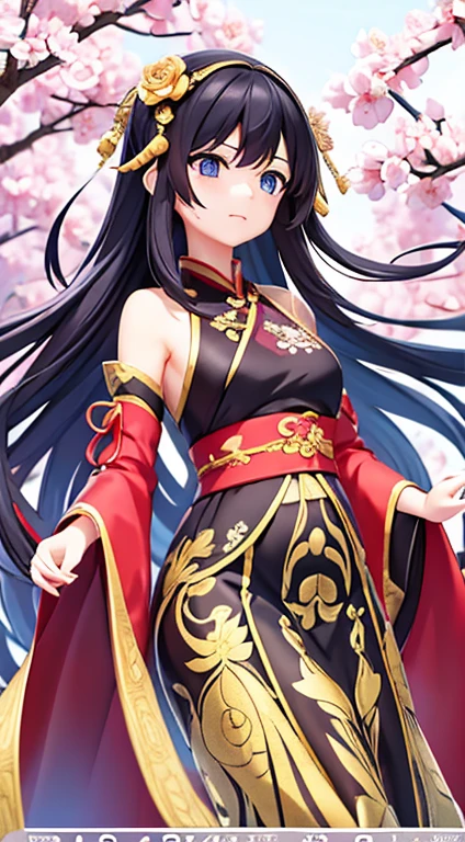 In the garden full of flowers, Under the sunlight, Girls in floral dresses dancing 1 Girl, woman, good looking, ink, Chinese Armor, ((2.5D)), Black Hair, Floating Hair, delicateな目, Antique black and red damask patterned Hanfu, Fob, (F1.8), (masterpiece), (Portrait Shot), Front shot, White Background, (Movie Posters),high quality、超delicate、Beautiful eyes, big eyes、delicate、Best dress waiting to start,Super Beauty、Baby