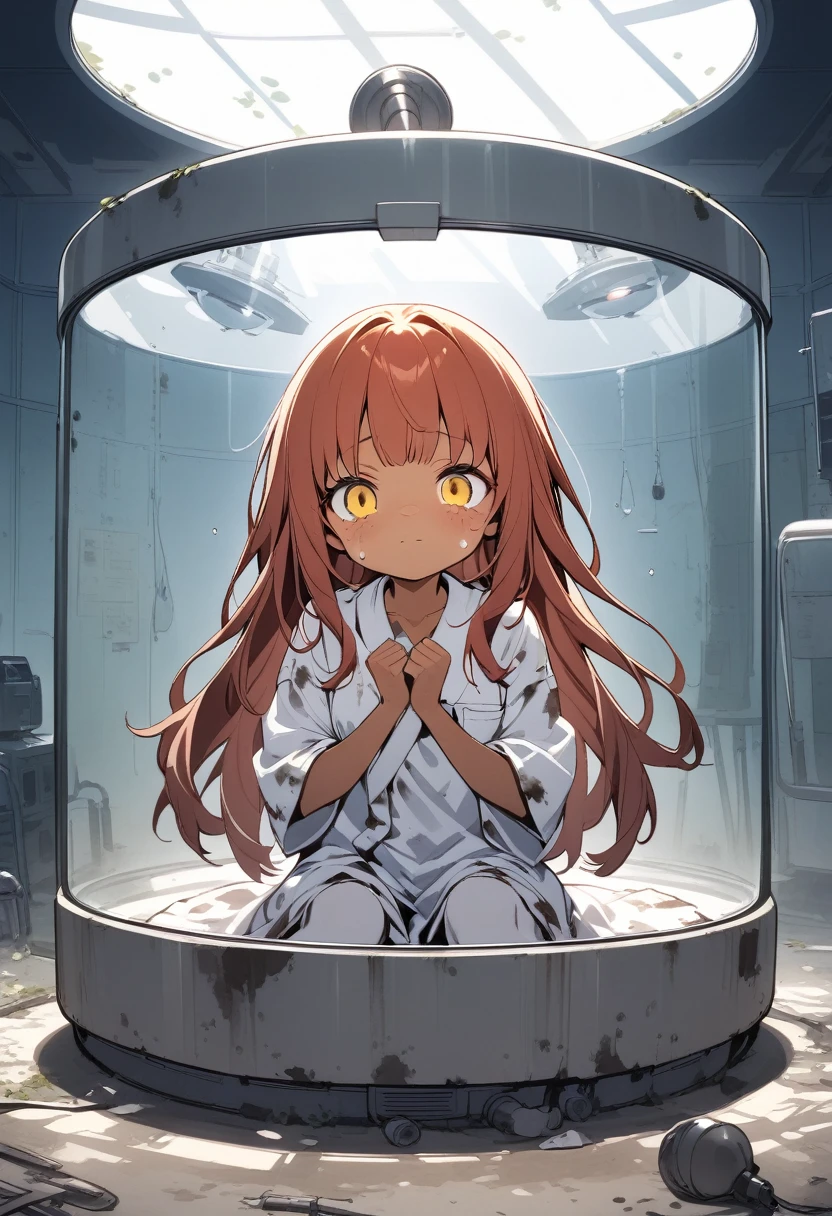 full body,1 girl,Android girl, robot girl, crying (cute:1.3)long hair down to the floor,red Hair, left eye blue, right eye yellow, tan skin, freckles, {tattered hospital gown, dirty, old ｝,, laboratory, inside stasis tank, hands pressed against the glass, abandoned
