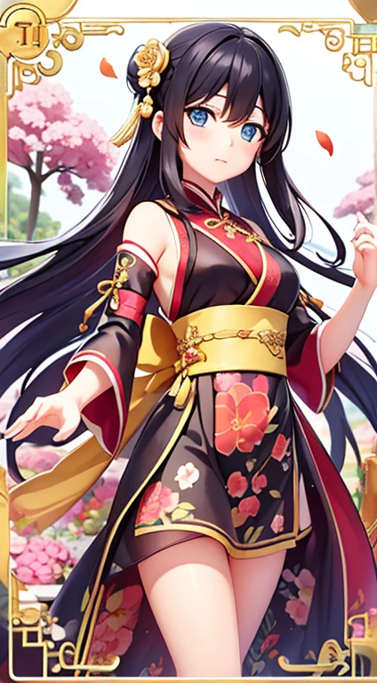 In the garden full of flowers, Under the sunlight, Girls in floral dresses dancing 1 Girl, woman, good looking, ink, Chinese Armor, ((2.5D)), Black Hair, Floating Hair, delicateな目, Antique black and red damask patterned Hanfu, Fob, (F1.8), (masterpiece), (Portrait Shot), Front shot, White Background, (Movie Posters),high quality、超delicate、Beautiful eyes, big eyes、delicate、Best dress waiting to start,Super Beauty、Baby