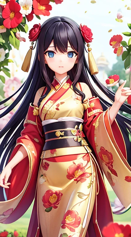 In the garden full of flowers, Under the sunlight, Girls in floral dresses dancing 1 Girl, woman, good looking, ink, Chinese Armor, ((2.5D)), Black Hair, Floating Hair, delicateな目, Antique black and red damask patterned Hanfu, Fob, (F1.8), (masterpiece), (Portrait Shot), Front shot, White Background, (Movie Posters),high quality、超delicate、Beautiful eyes, big eyes、delicate、Best dress waiting to start,Super Beauty、Baby