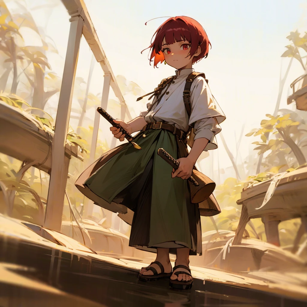 1little boy, Full body version, 1character, gold eyes, deep skin, bowl cut hairstyle, monolid eyes type, maroon colour hair, Renaissance clothing, lime color clothing, Ancient Roman sandals, two dagger knife silver in two hand, armor vest, Grassroots background in green fields