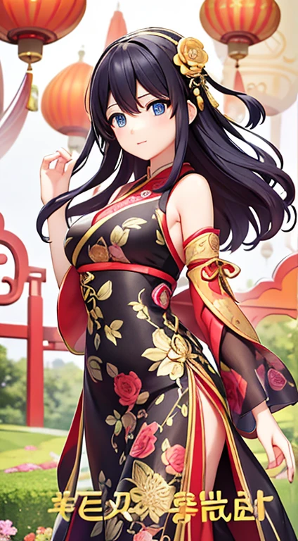 In the garden full of flowers, Under the sunlight, Girls in floral dresses dancing 1 Girl, woman, good looking, ink, Chinese Armor, ((2.5D)), Black Hair, Floating Hair, delicateな目, Antique black and red damask patterned Hanfu, Fob, (F1.8), (masterpiece), (Portrait Shot), Front shot, White Background, (Movie Posters),high quality、超delicate、Beautiful eyes, big eyes、delicate、Best dress waiting to start,Super Beauty、Baby