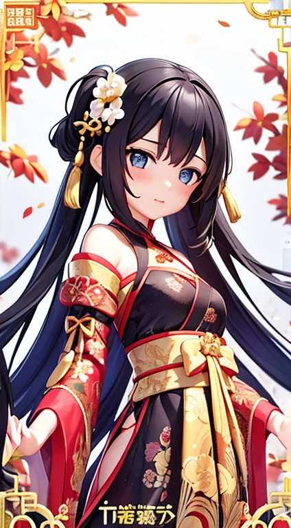 In the garden full of flowers, Under the sunlight, Girls in floral dresses dancing 1 Girl, woman, good looking, ink, Chinese Armor, ((2.5D)), Black Hair, Floating Hair, delicateな目, Antique black and red damask patterned Hanfu, Fob, (F1.8), (masterpiece), (Portrait Shot), Front shot, White Background, (Movie Posters),high quality、超delicate、Beautiful eyes, big eyes、delicate、Best dress waiting to start,Super Beauty、Baby
