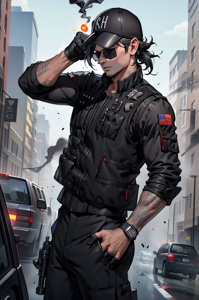 smoke, Asdev, black jacket, black shirt, vest, trousers, black trousers, fingerless gloves, baseball cap, sunglasses,
****ung man, battlefield, pistol, Aiming, bullet hole, peel, smoke, intense