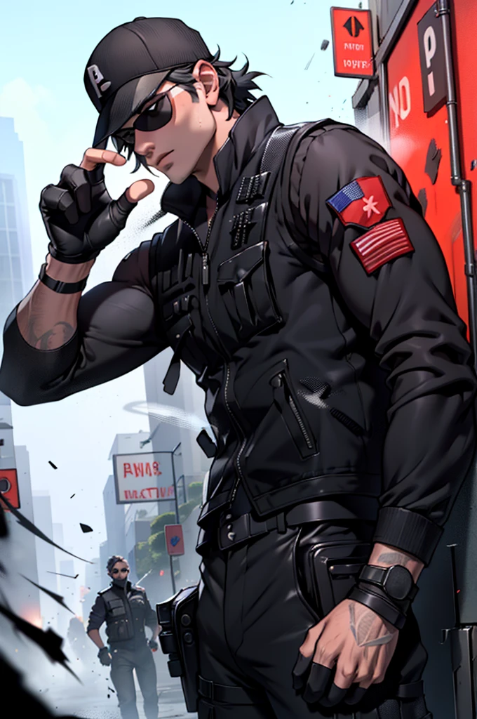 smoke, Asdev, black jacket, black shirt, vest, trousers, black trousers, fingerless gloves, baseball cap, sunglasses,
****ung man, battlefield, pistol, Aiming, bullet hole, peel, smoke, intense