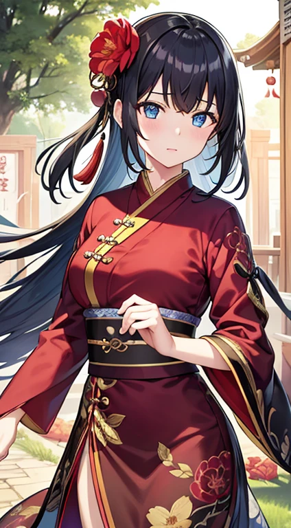 In the garden full of flowers, Under the sunlight, Girls in floral dresses dancing 1 Girl, woman, good looking, ink, Chinese Armor, ((2.5D)), Black Hair, Floating Hair, delicateな目, Antique black and red damask patterned Hanfu, Fob, (F1.8), (masterpiece), (Portrait Shot), Front shot, White Background, (Movie Posters),high quality、超delicate、Beautiful eyes, big eyes、delicate、Best dress waiting to start,Super Beauty、Baby