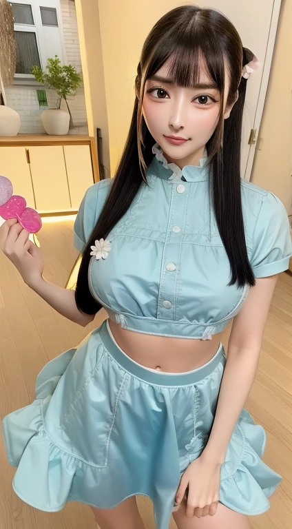 Female((30year old)), hair((straight, blonde)), eyes((smart eyes, black)), clothes((crop-top, skirt, light blue)), chocker, earrings, flower hairpin, smiling, gigantic , street, holding lollipop