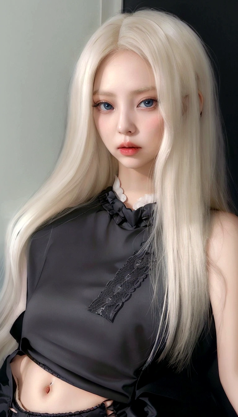 blonde woman with long hair and black blouse posing for a photo, ava max, perfect white haired girl, Anna Nikonova aka Newmilky, her hair is white, very light blonde hair, angelawhite, extremely light blonde hair, yelena belova, with long white hair, long blonde hair and big eyes, with white long hair, light hair