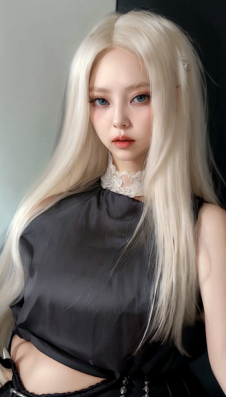 blonde woman with long hair and black blouse posing for a photo, ava max, perfect white haired girl, Anna Nikonova aka Newmilky, her hair is white, very light blonde hair, angelawhite, extremely light blonde hair, yelena belova, with long white hair, long blonde hair and big eyes, with white long hair, light hair