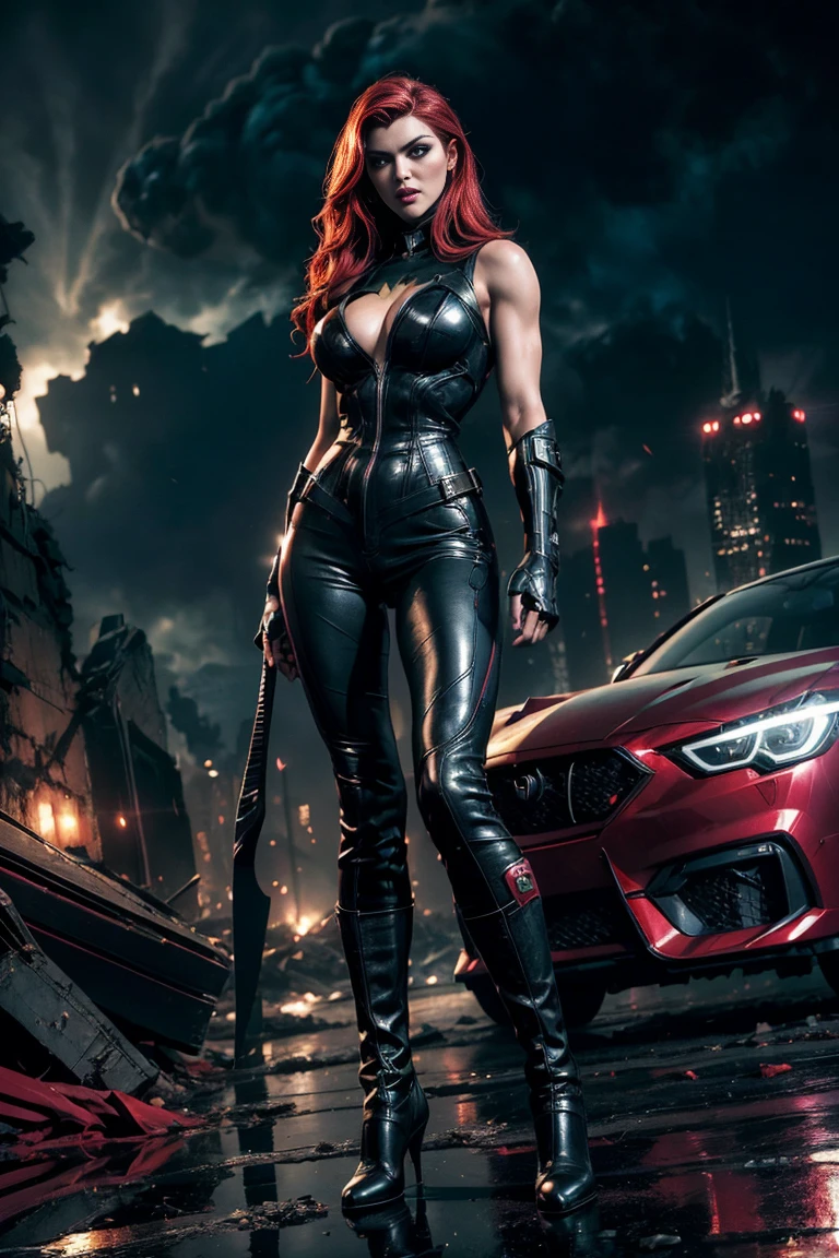 full body superheroine 14 years old  Batgirl red long wavy hair green eyes red mouth tall muscular body big round breasts broad shoulders black metallic shiny tight leather pants, black metallic shiny short plunging sleeveless tops blue boots dress hero pose even a terrifying night in a ruined Gothan dark city, a semi-dark plume of light octane render photorealistic 