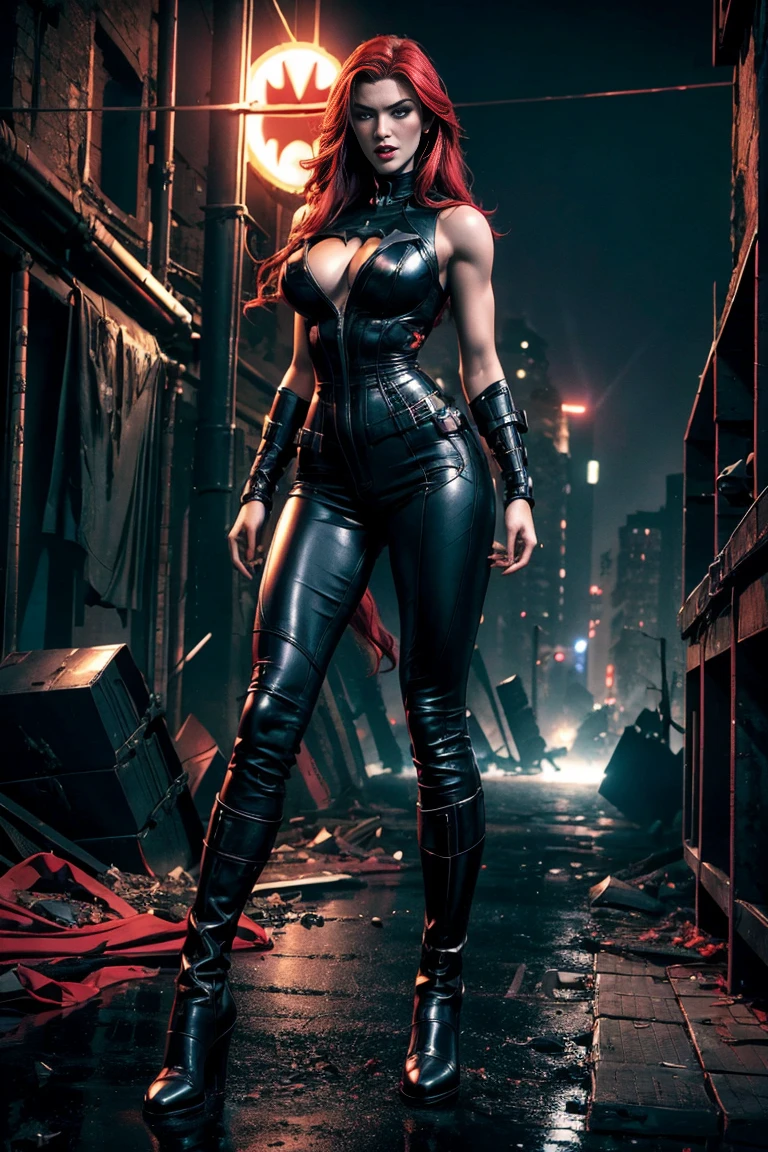 full body superheroine 14 years old  Batgirl red long wavy hair green eyes red mouth tall muscular body big round breasts broad shoulders black metallic shiny tight leather pants, black metallic shiny short plunging sleeveless tops blue boots dress hero pose even a terrifying night in a ruined Gothan dark city, a semi-dark plume of light octane render photorealistic 