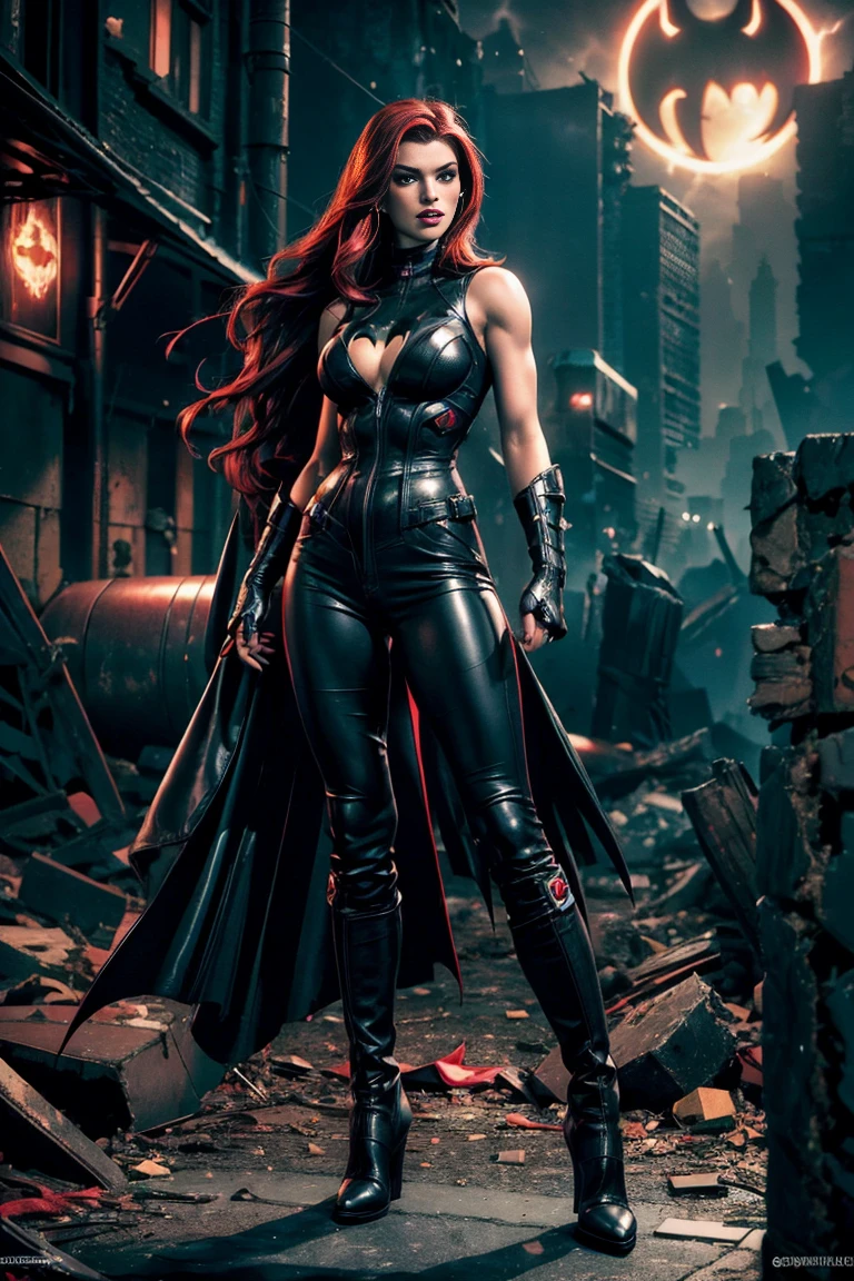 full body superheroine 14 years old  Batgirl red long wavy hair green eyes red mouth tall muscular body big round breasts broad shoulders black metallic shiny tight leather pants, black metallic shiny short plunging sleeveless tops blue boots dress hero pose even a terrifying night in a ruined Gothan dark city, a semi-dark plume of light octane render photorealistic 