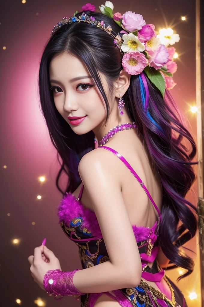 sexy Thai model who controls poison、beautiful smile、lip-gloss、bold lipstick、intense makeup、look at the camera、full body Esbian、、sparkling poisoned flower costume、、、、sparkling Colorful hair、secrete poison、skull hair accessories、sexy tights、shiny sparkling flowers background