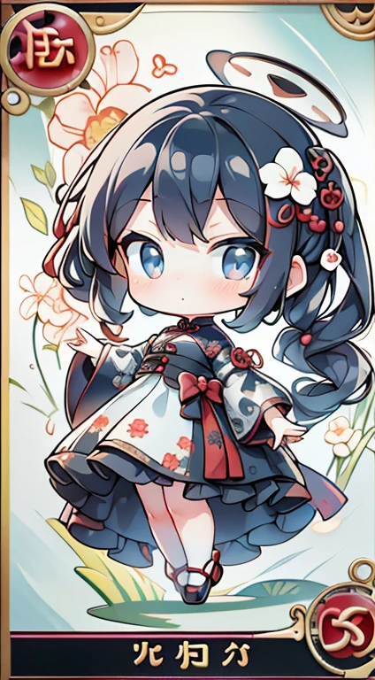 In the garden full of flowers, Under the sunlight, Girls in floral dresses dancing 1 Girl, woman, good looking, ink, Chinese Armor, ((2.5D)), Black Hair, Floating Hair, delicateな目, Antique black and red damask patterned Hanfu, Fob, (F1.8), (masterpiece), (Portrait Shot), Front shot, White Background, (Movie Posters),high quality、超delicate、Beautiful eyes, big eyes、delicate、Best dress waiting to start,Super Beauty、Baby